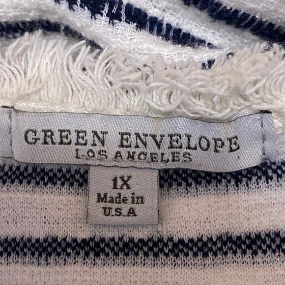 Green Envelope White Blue Striped Knit Short Sleeve Fringe T-Shirt Top Size 1X - Picture 3 of 4